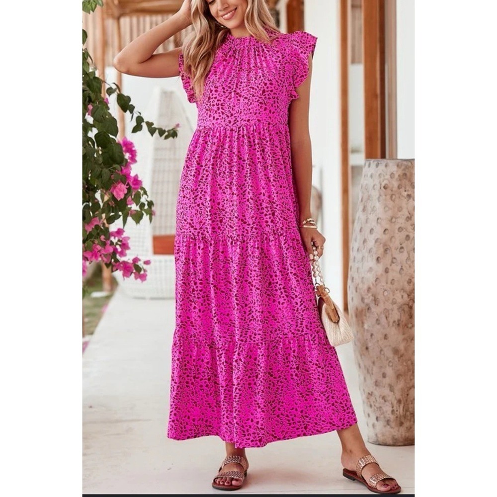 NWOT Easel Pink Leopard Print Ruffle Trim Tiered Maxi Dress Large